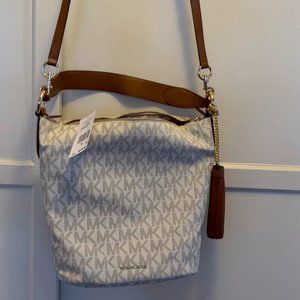 Michael Kors LrgVanilla Logo Bag W/ Brown Leather Cross Body/Hand Strap &Tassels